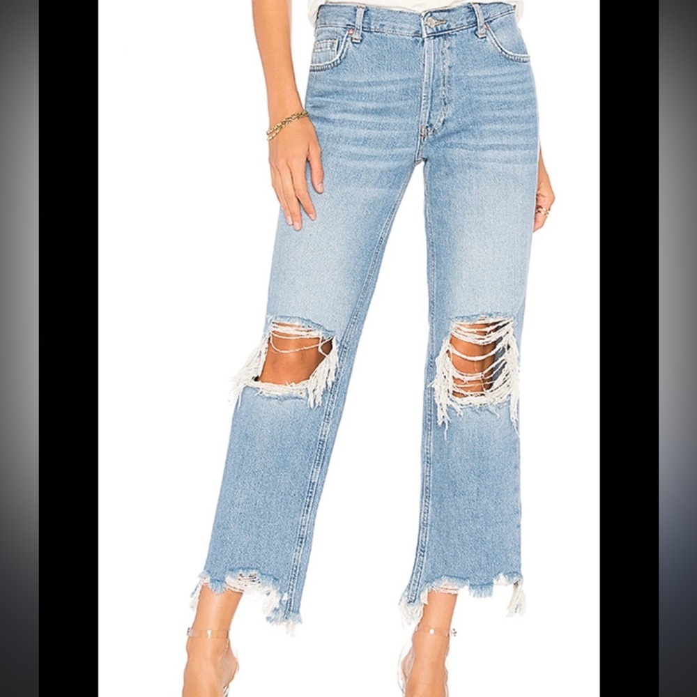 Free People Light Blue Distressed Straight-Leg Jeans
